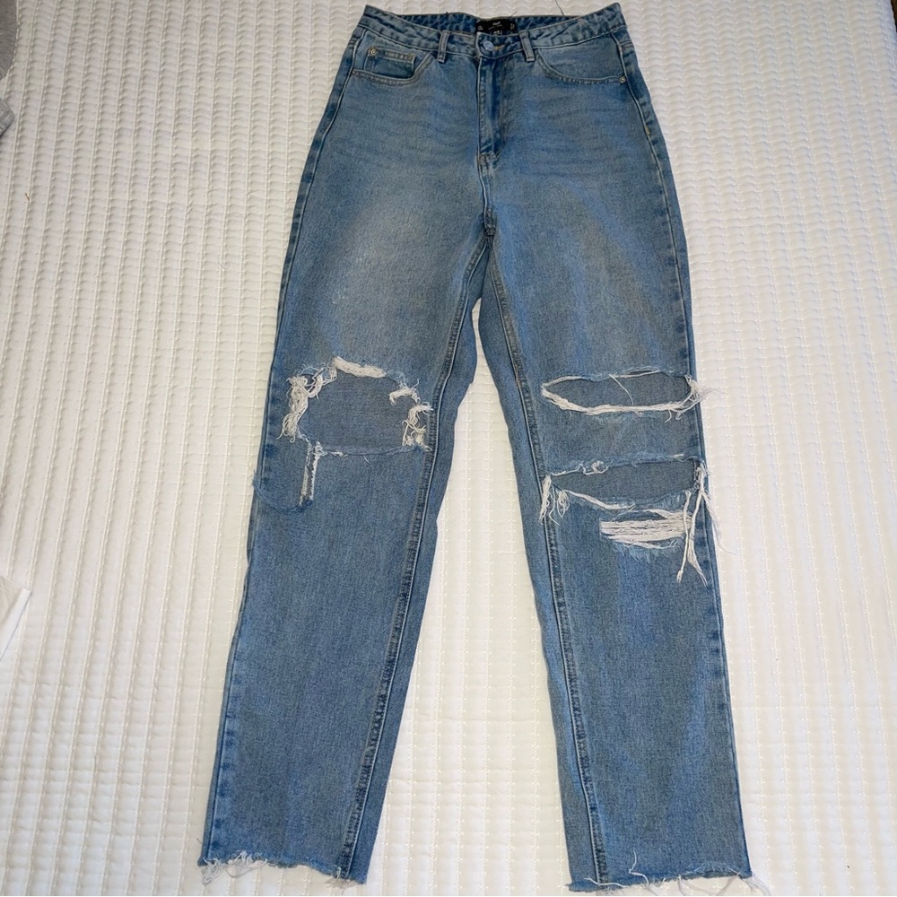 Missguided Light Blue Distressed Straight Leg Jeans